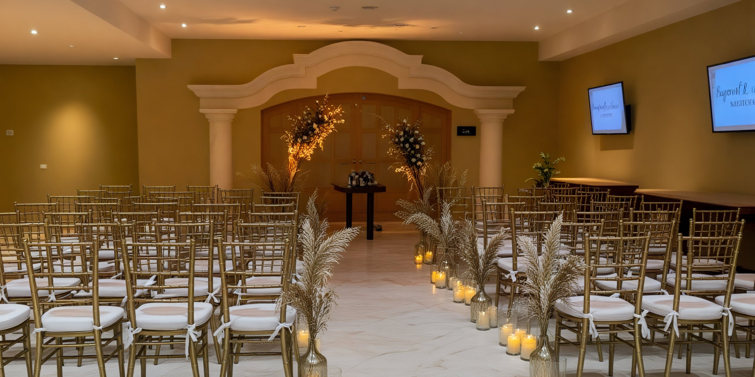 Indoor venue elegantly arranged for a destination wedding, featuring rows of chairs, glowing candles, and stunning floral arrangements.