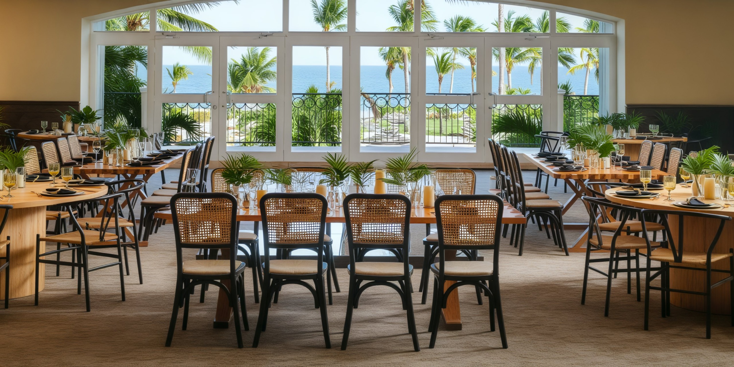 The dining room, perfect for a destination wedding, features wooden tables and chairs, with large windows offering a stunning ocean view.