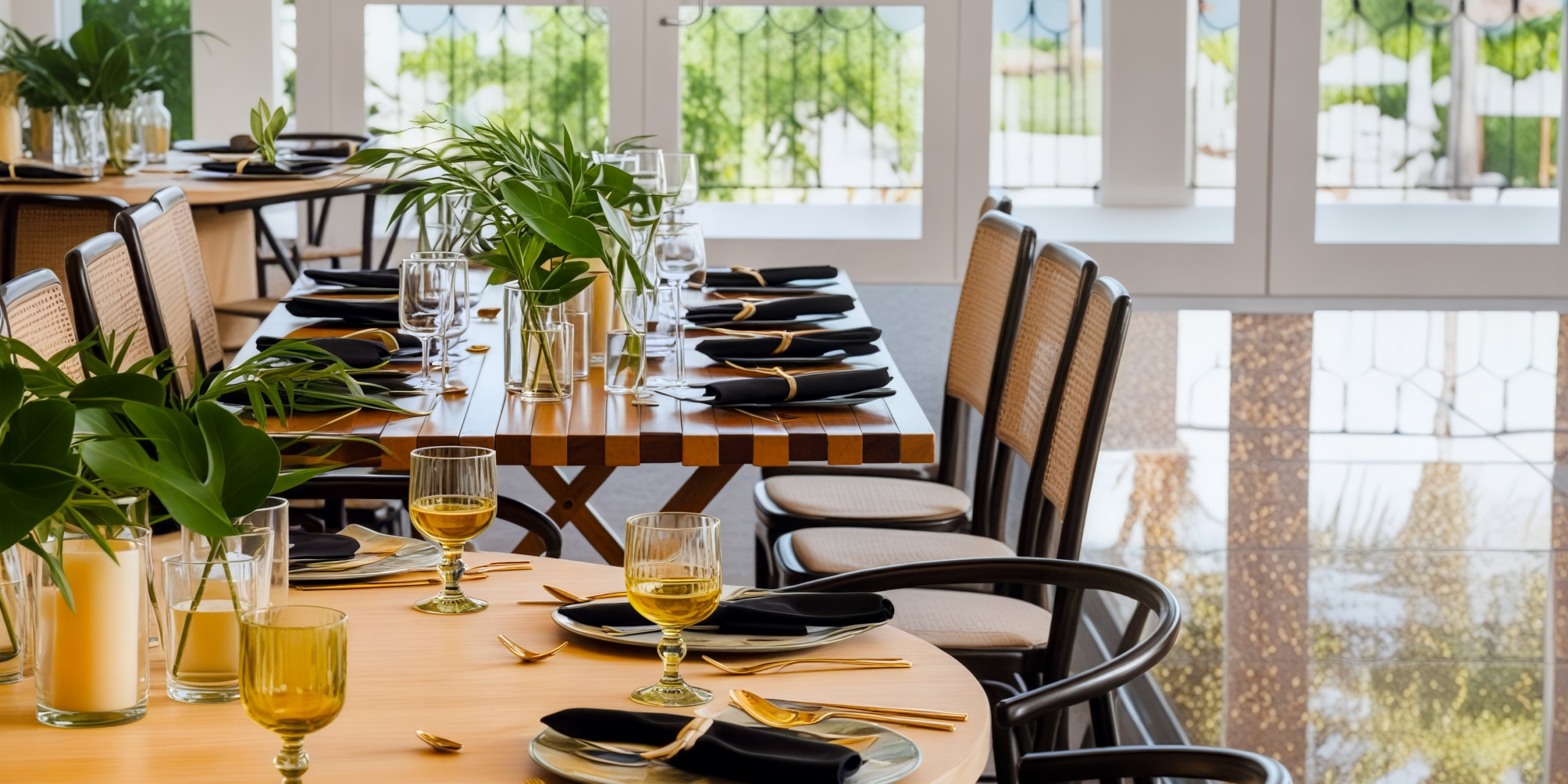 An elegant dining room perfect for a destination wedding, with tables beautifully set featuring black napkins, sparkling glassware, and lush leafy centerpieces.