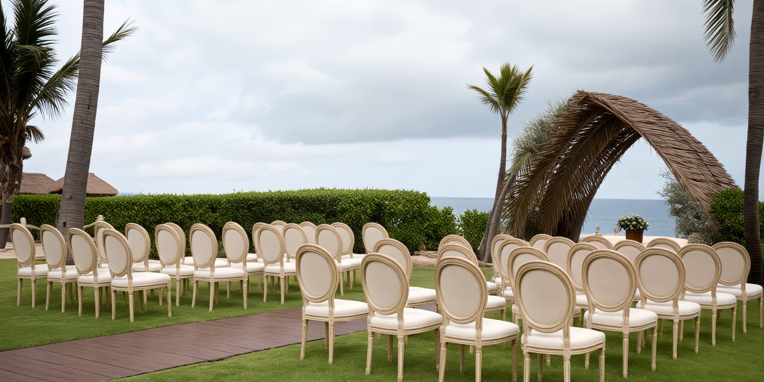 A stunning destination wedding setup with chairs and an arch by the ocean.