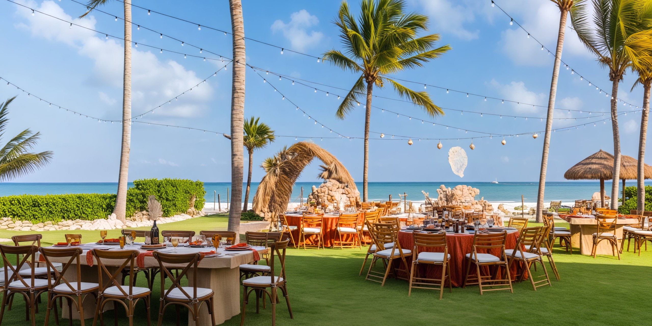 Destination wedding arrangement featuring round tables, surrounded by palm trees and offering a stunning ocean view.