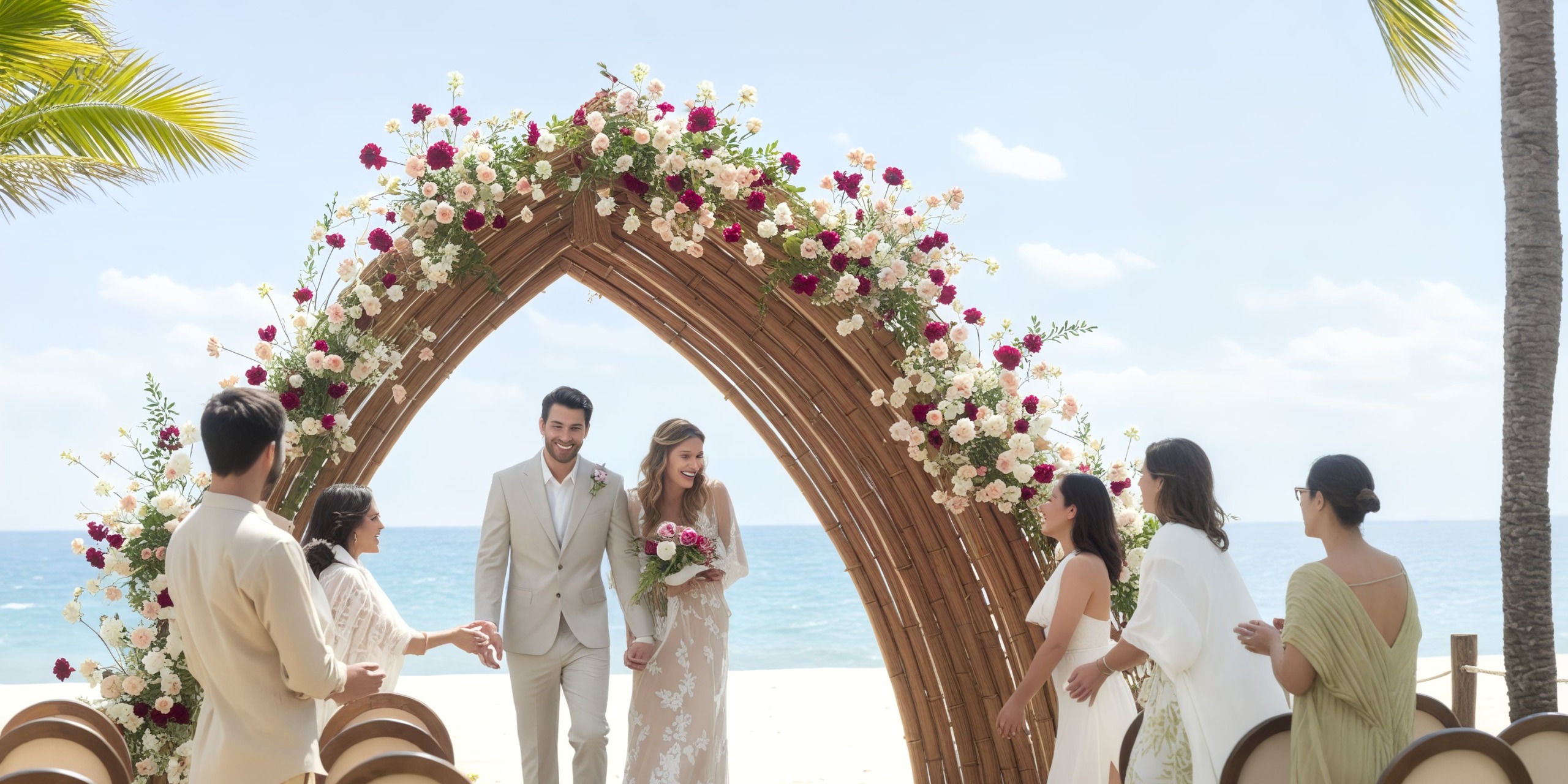 The bride and groom stand beneath a beautiful floral arch on the beach, as guests celebrate their destination wedding.