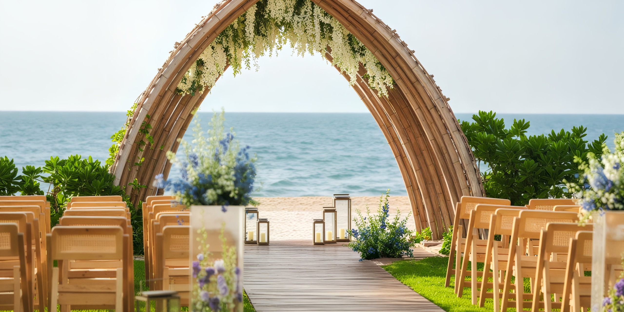 A picturesque destination wedding setup featuring an elegant arch, beautifully arranged chairs, and stunning floral decorations, all perfectly positioned to face the breathtaking ocean.