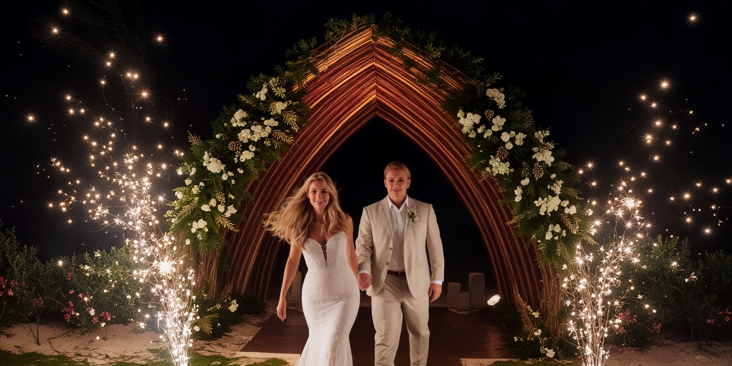 A couple in wedding attire strolls under an illuminated floral arch on their enchanting destination wedding night.