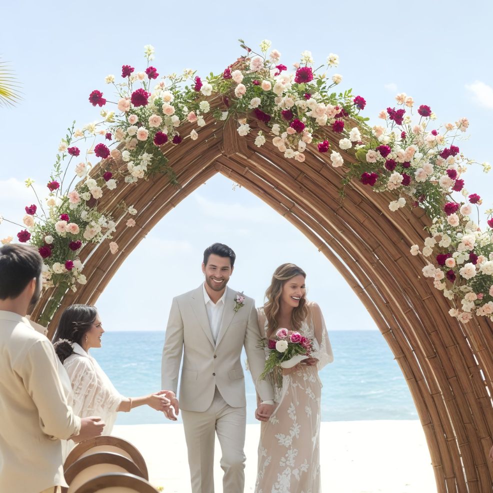 A couple strolls beneath a floral arch on the beach during their sunny destination wedding ceremony.