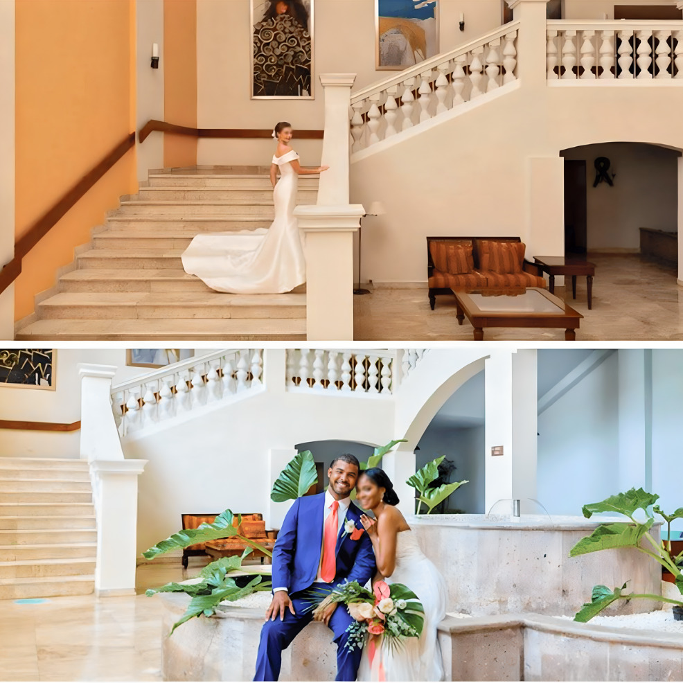 Top: a bride in a white dress standing on a staircase in an elegant destination wedding setting. Bottom: a newlywed couple smiling and seated on a staircase, surrounded by lush green plants.