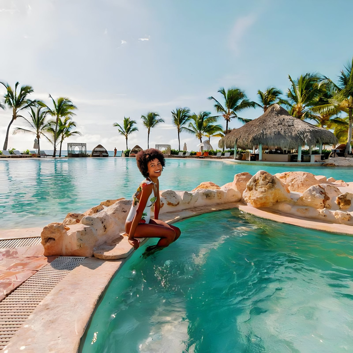 A woman in a white wedding swimsuit smiles while sitting on rocks at the edge of a resort pool, with a palm-thatched umbrella and clear skies in the background.