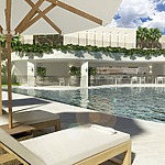 Outdoor luxury pool area with loungers, umbrellas, and a bar, perfect for a destination wedding, surrounded by lush greenery and modern architecture.