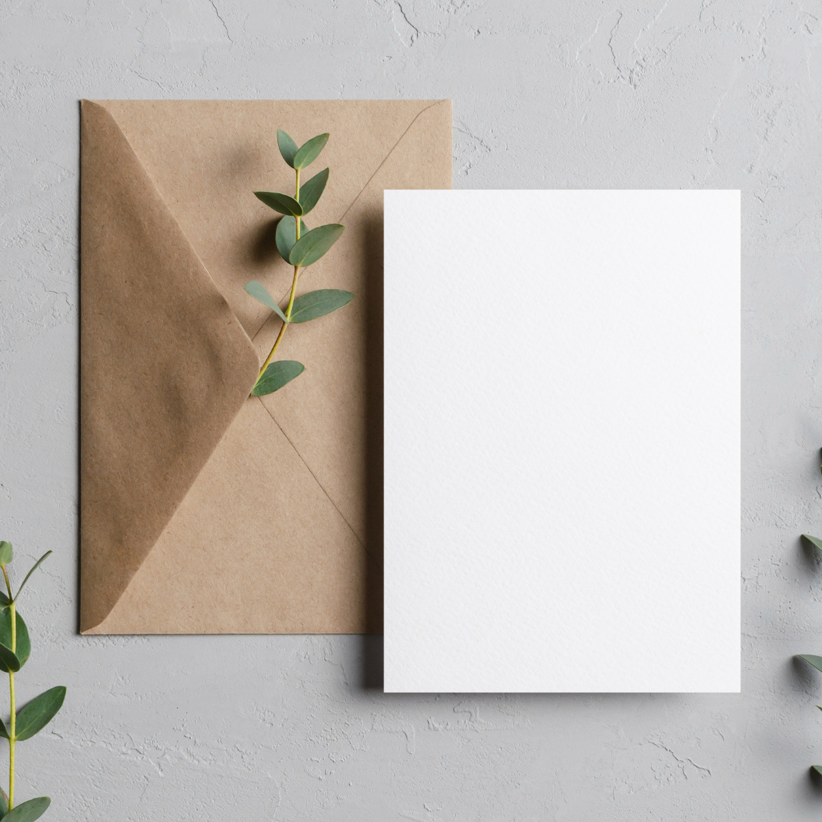Blank white card next to a brown envelope with a green leafy twig on a textured gray background, perfect for a destination wedding invitation.