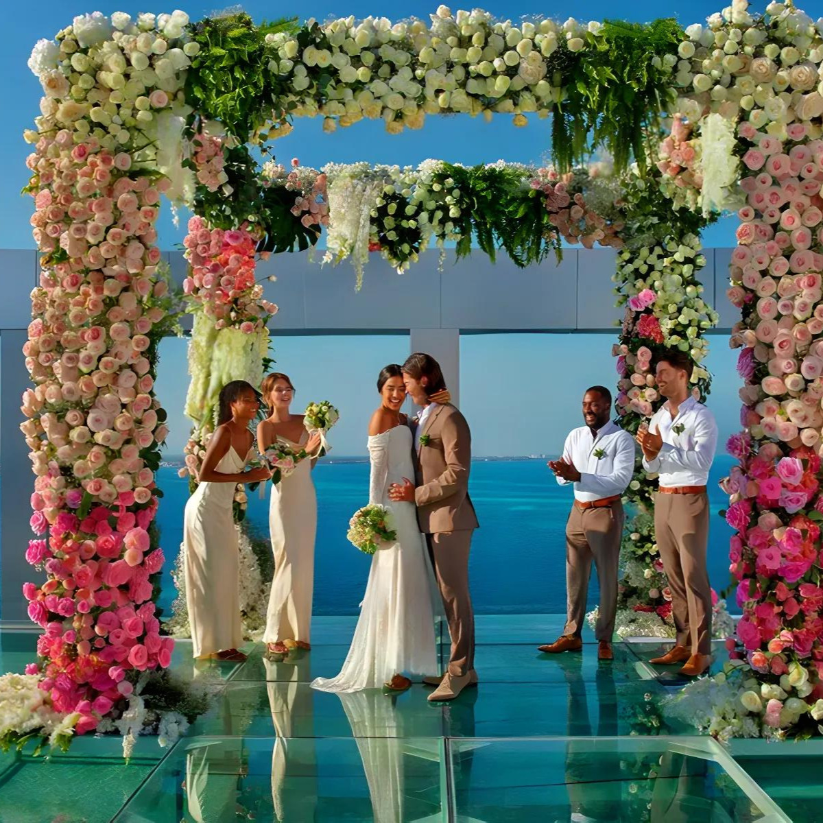 A bride and groom standing under a glass wedding arch during their wedding ceremony.