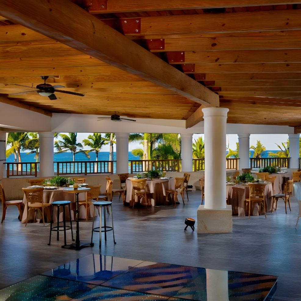 The ceiling, perfect for a destination wedding, is made of wood.