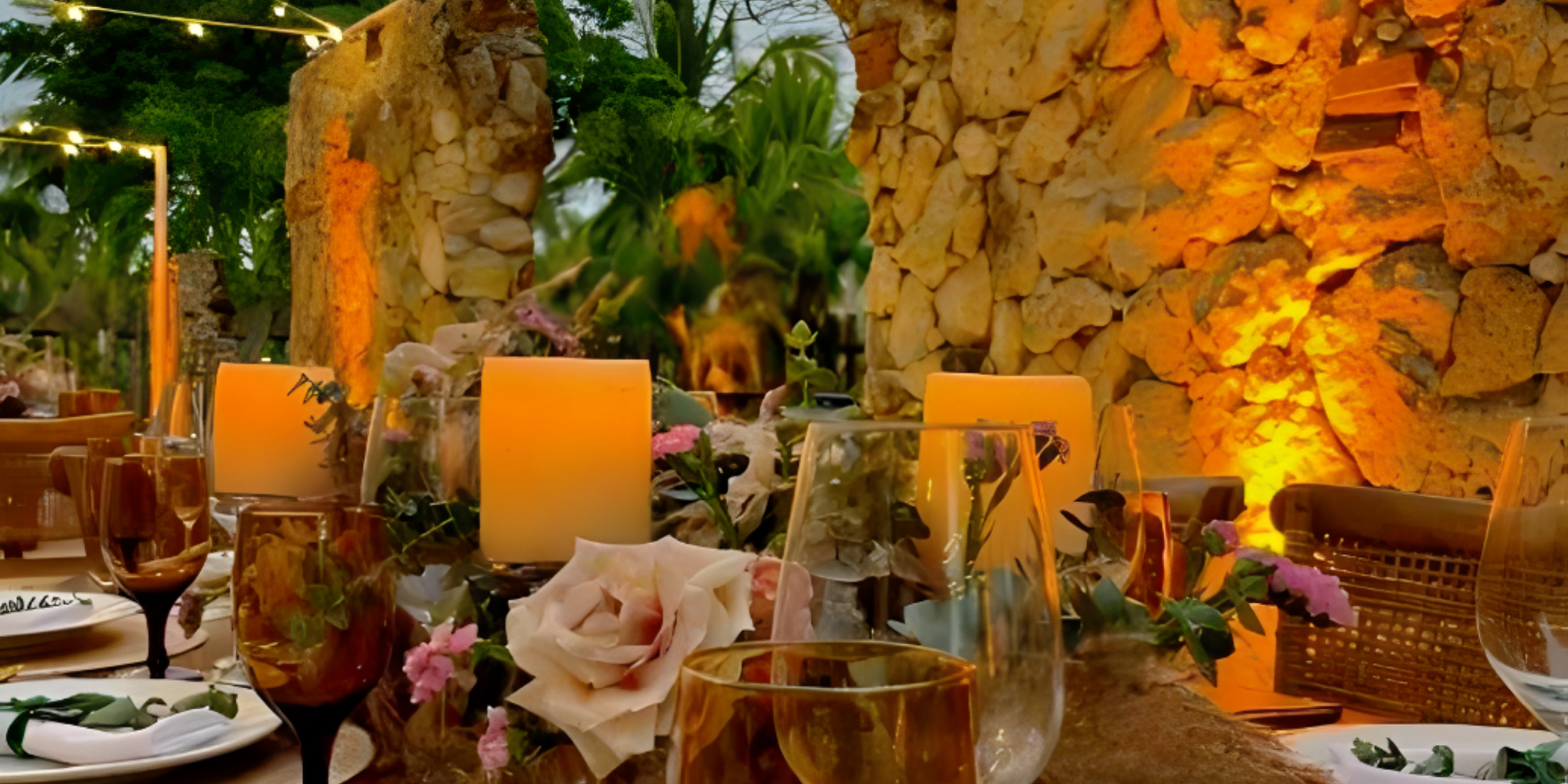 A destination wedding table set up with candles and flowers.