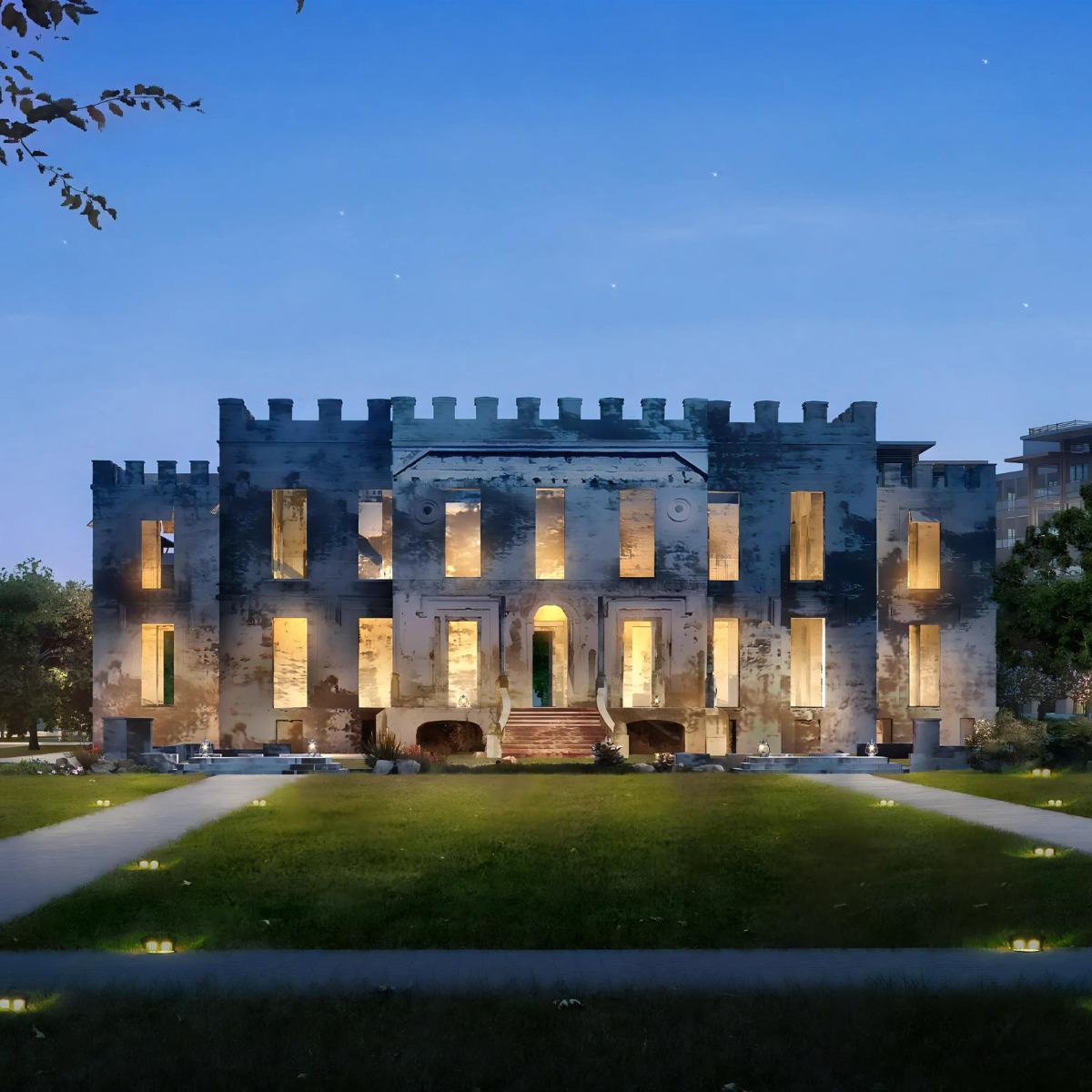 An artist's rendering of a castle at night, envisioned as a destination wedding venue.