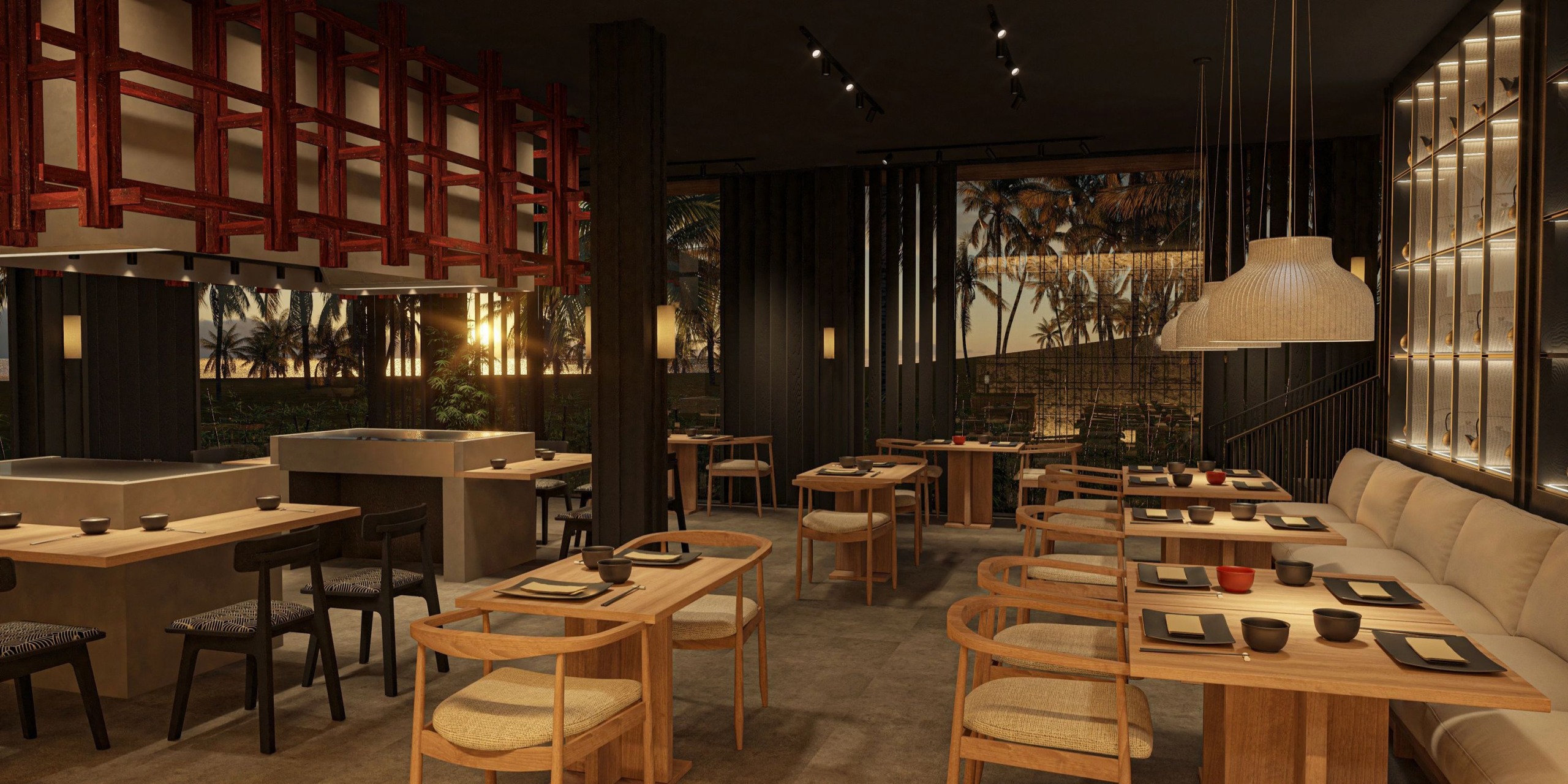 The contemporary restaurant interior at Impression Isla Mujeres by Secrets features wooden tables, cushioned chairs, and elegant hanging lights. Expansive windows showcase a stunning sunset view complemented by palm trees outside.