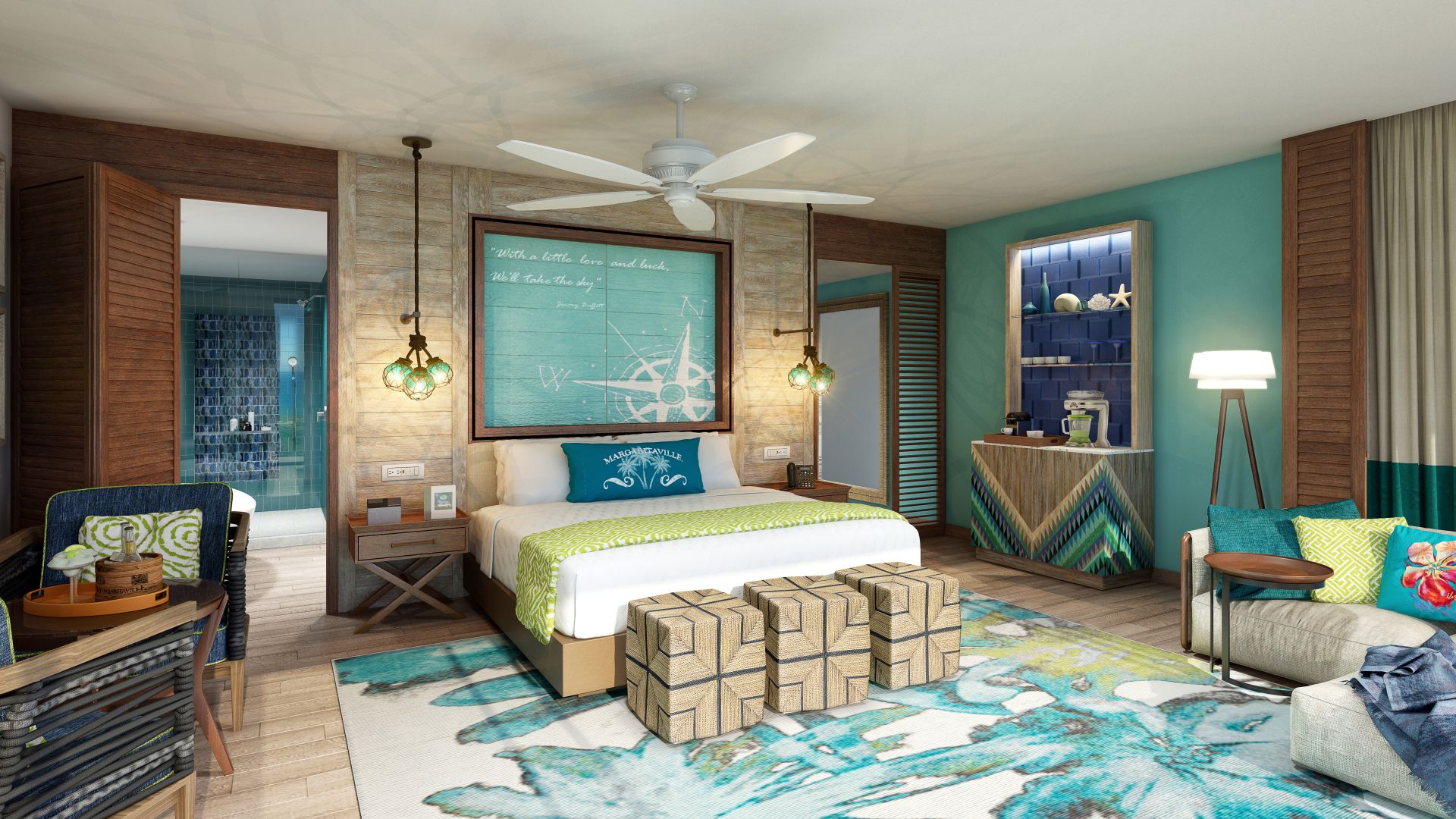 A rendering of a bedroom at Margaritaville Beach Resort Riviera Maya with a bed and a wedding-themed bedside table.