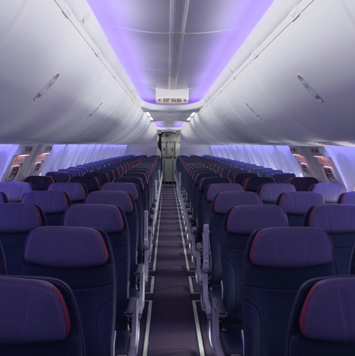 The interior of a plane, designed for a wedding, with purple lights and purple seats.