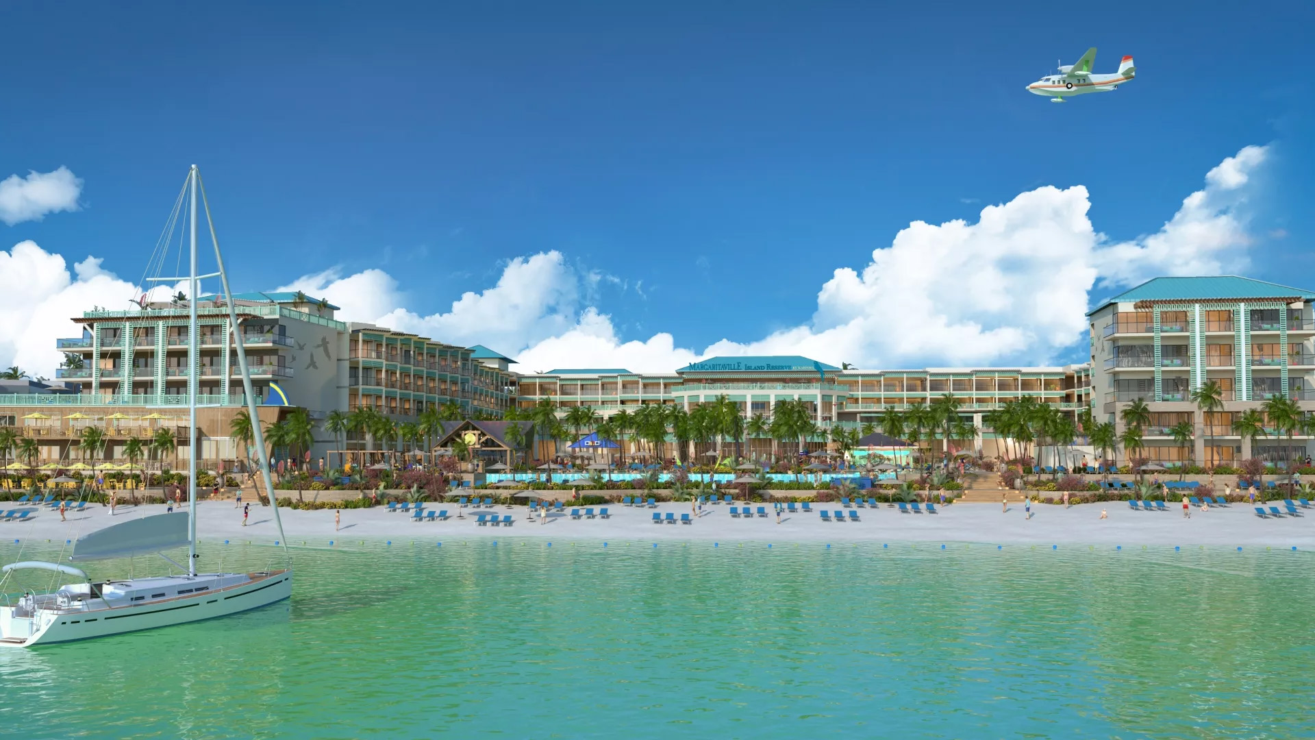 Margaritaville Beach Resort Riviera Maya: The perfect setting for a destination wedding where you can delight in pools, palm trees, and a boat cruising beneath flying planes.