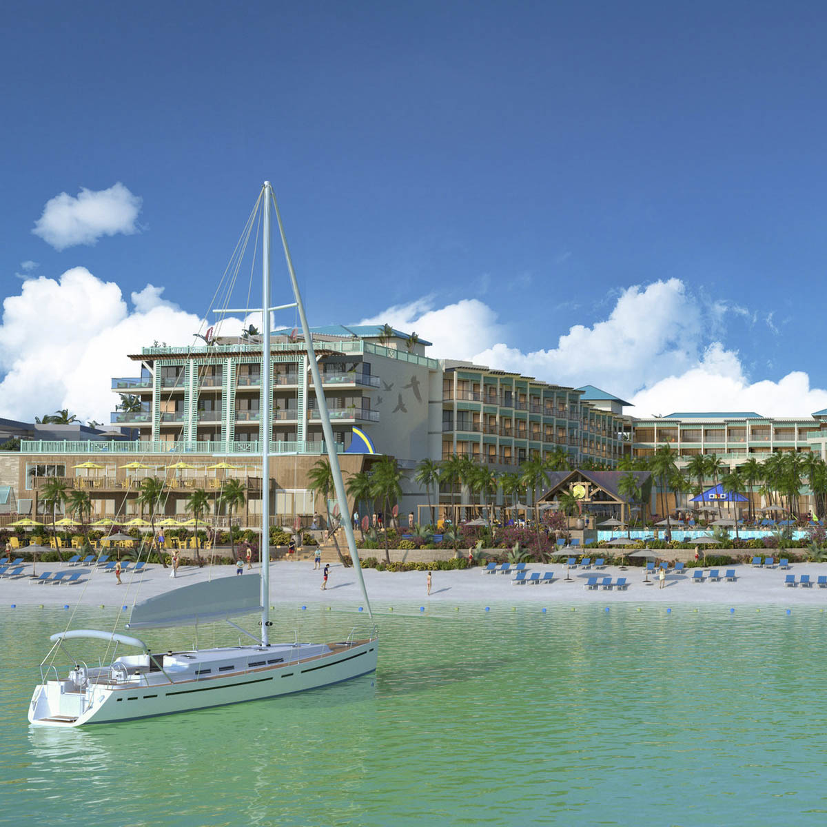 A Margaritaville Beach Resort Riviera Maya artist's rendering of a wedding resort with a sailboat in the water.