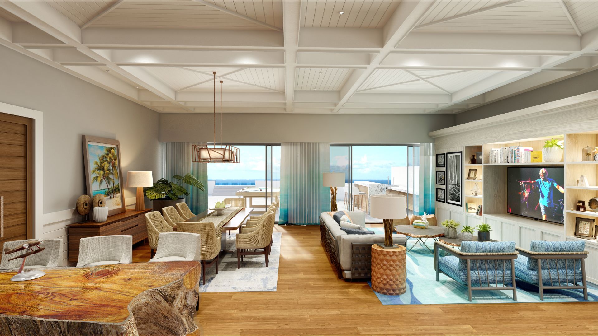 A living room with a flat-screen TV, designed for Margaritaville Beach Resort Riviera Maya wedding consultations.