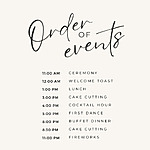 An order of events poster for a wedding with a black and white background.