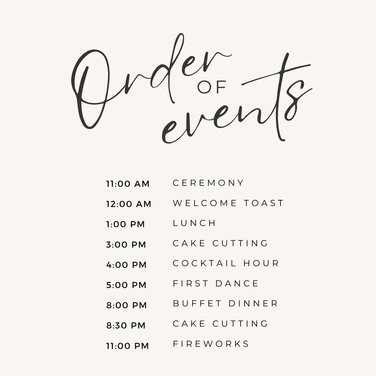 An order of events poster for a wedding with a black and white background.