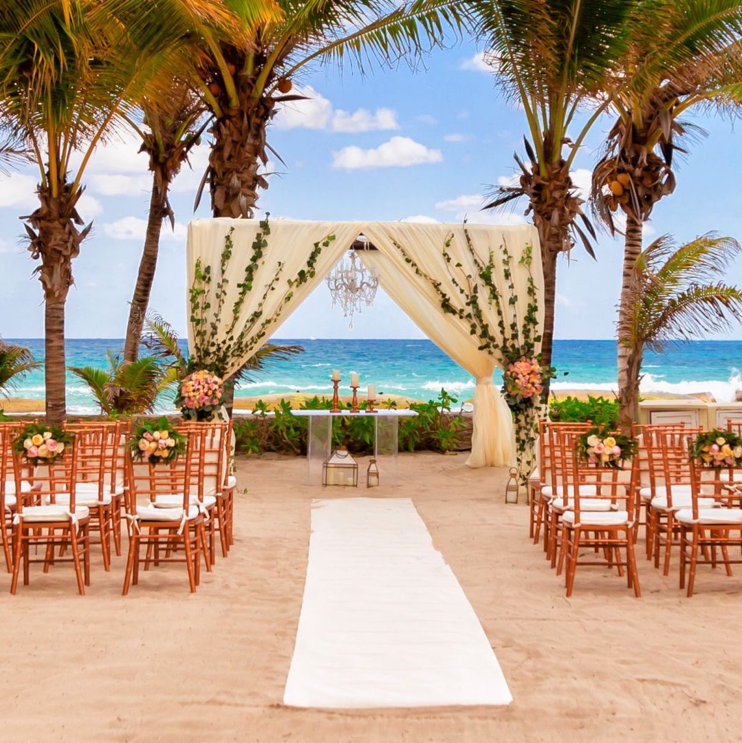 A beach wedding ceremony set up in front of palm trees, perfect for Mexico wedding packages.