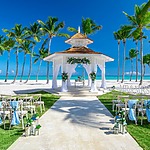A wedding ceremony set up on a beach with palm trees.
