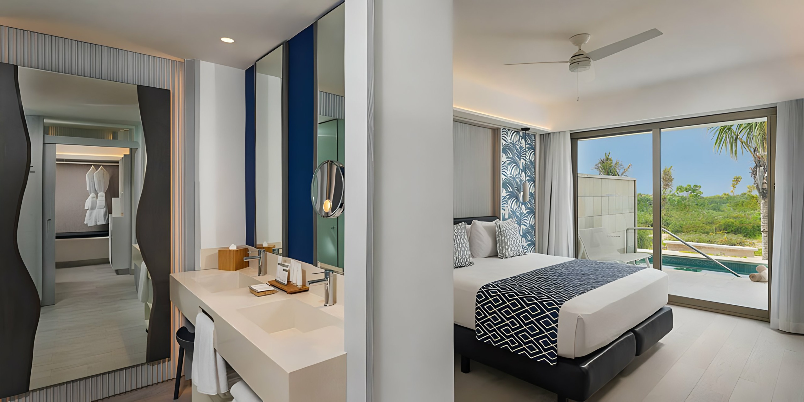 A bedroom at Catalonia Grand Costa Mujeres with a large bed and a view of the pool.