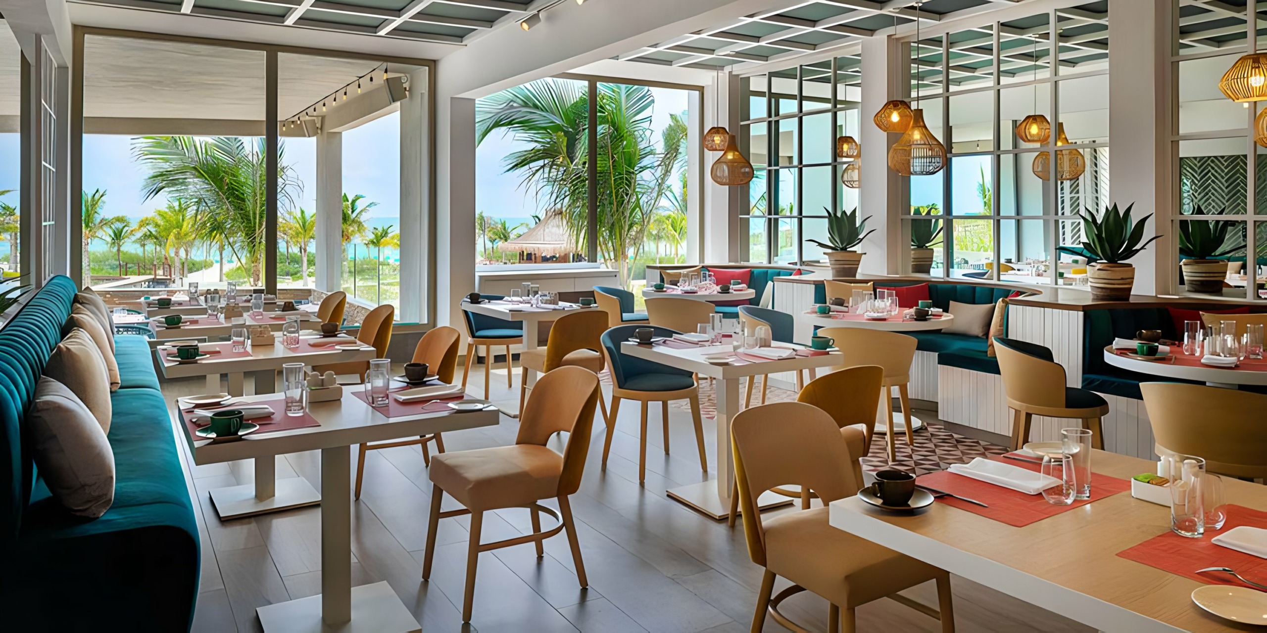 A restaurant with tables and chairs and a view of the ocean Catalonia Grand Costa Mujeres.