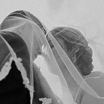 A bride and groom kissing under wedding veils.