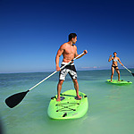 A man and a woman enjoy paddle boarding in the ocean.