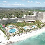Aerial view of Riu Aquarelle resort by the beach.