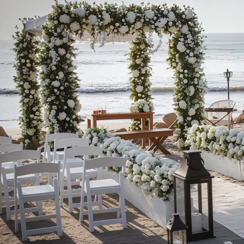 A destination wedding by the ocean featuring a picturesque setup of chairs, a floral arch, and breathtaking views.