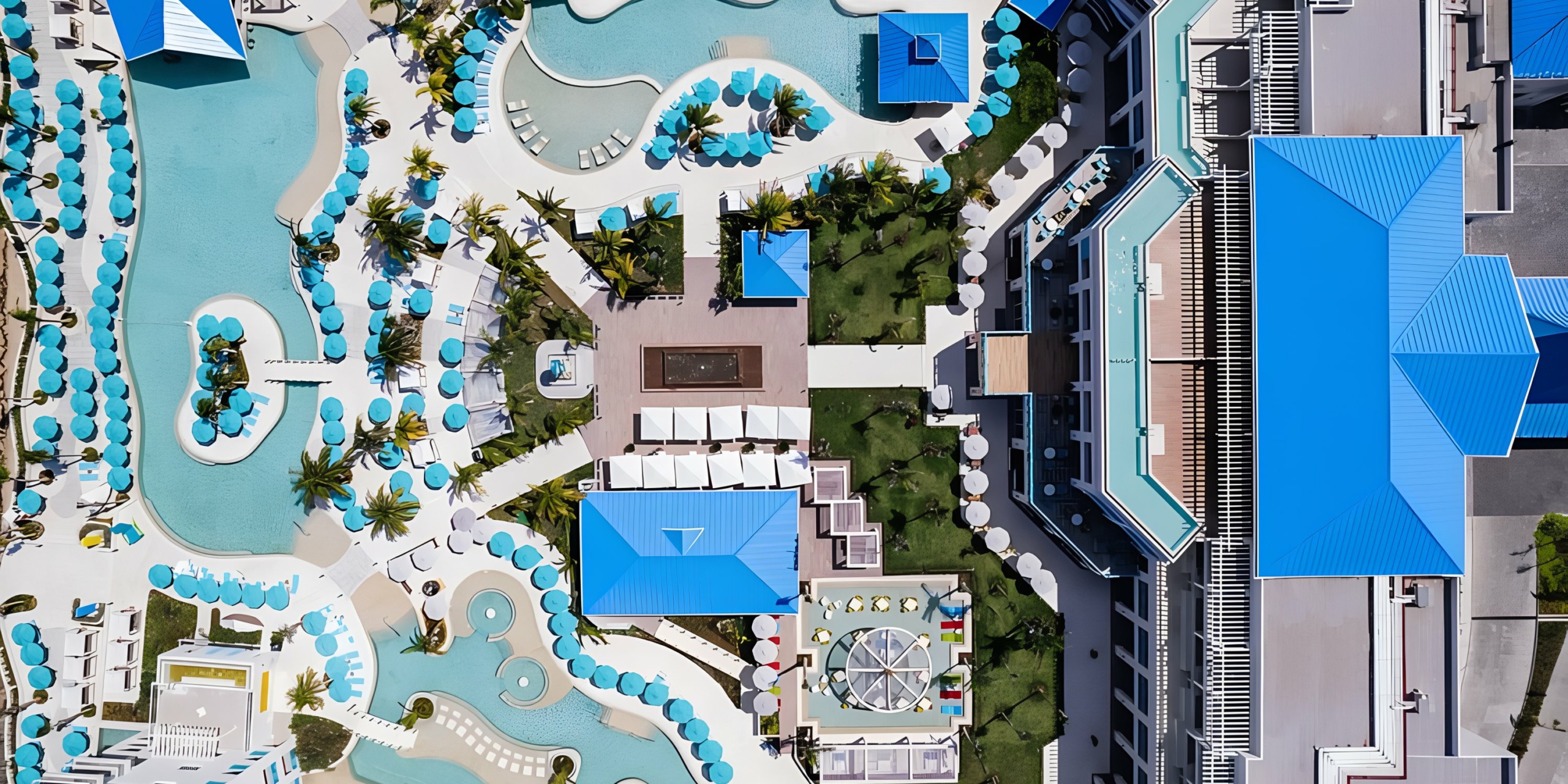 An aerial view of Margaritaville Island Reserve Riviera Maya and resort.