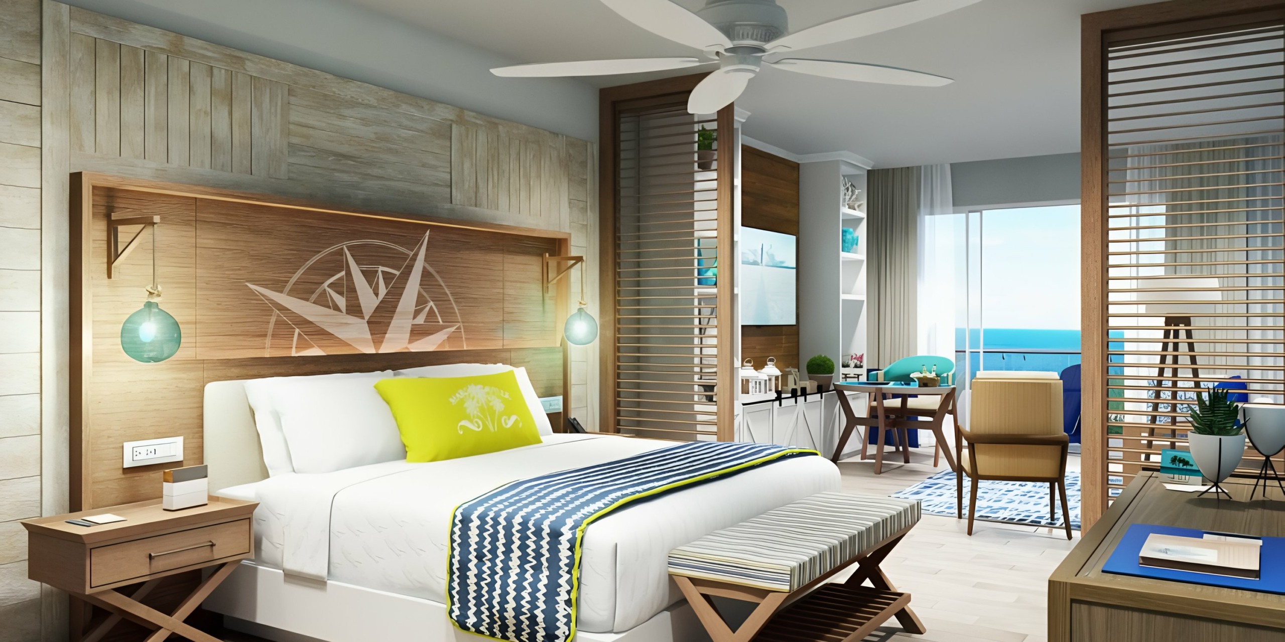 A room at Margaritaville Island Reserve Riviera Maya with a bed and a view of the ocean.