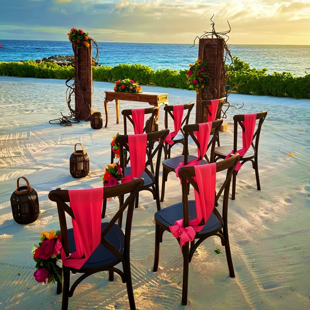 Chairs draped in pink sashes and florals set up for a destination wedding ceremony by the beach at sunset.
