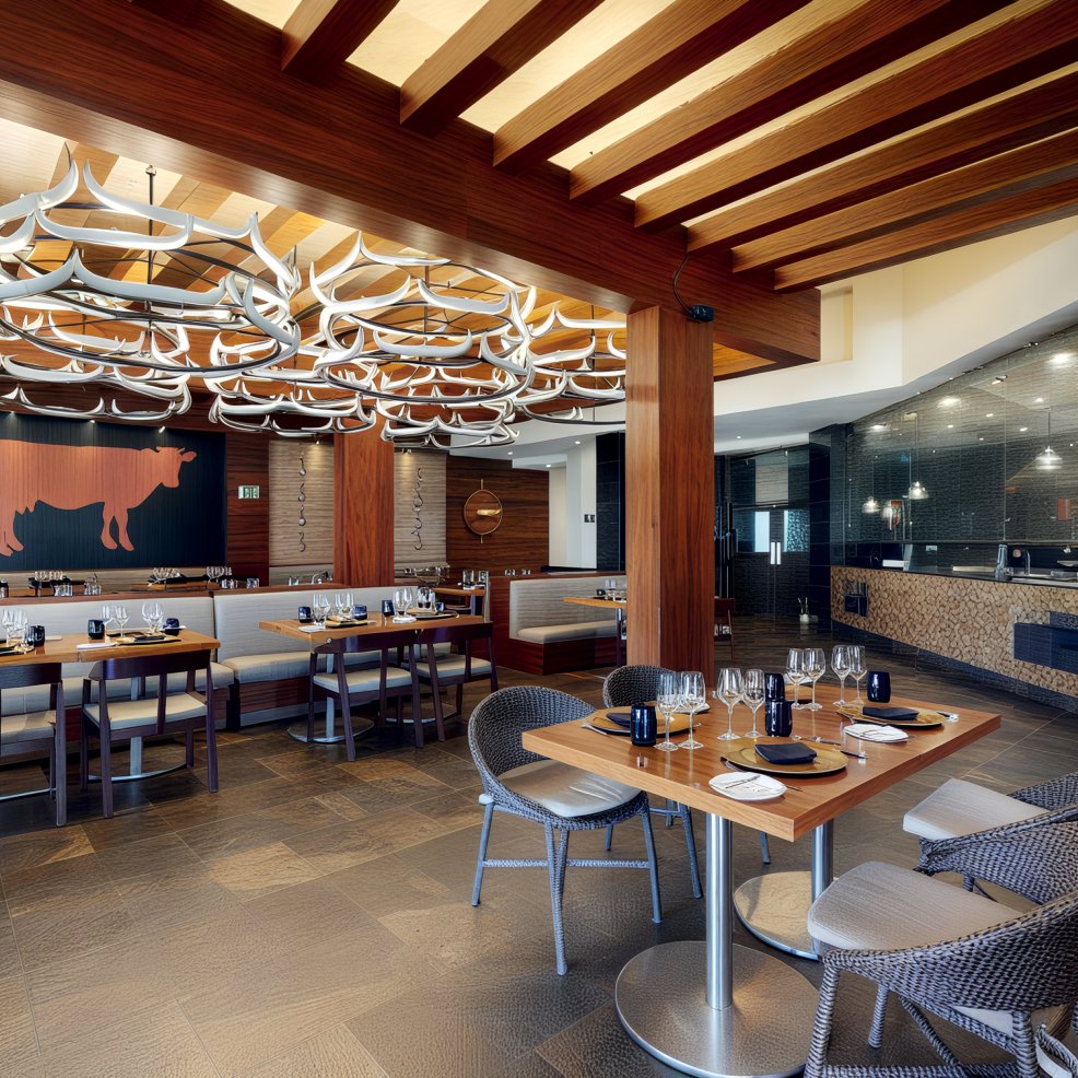 A modern restaurant interior featuring wooden beams and gray chairs, beautifully arranged for a destination wedding celebration, with tables elegantly set for dining.