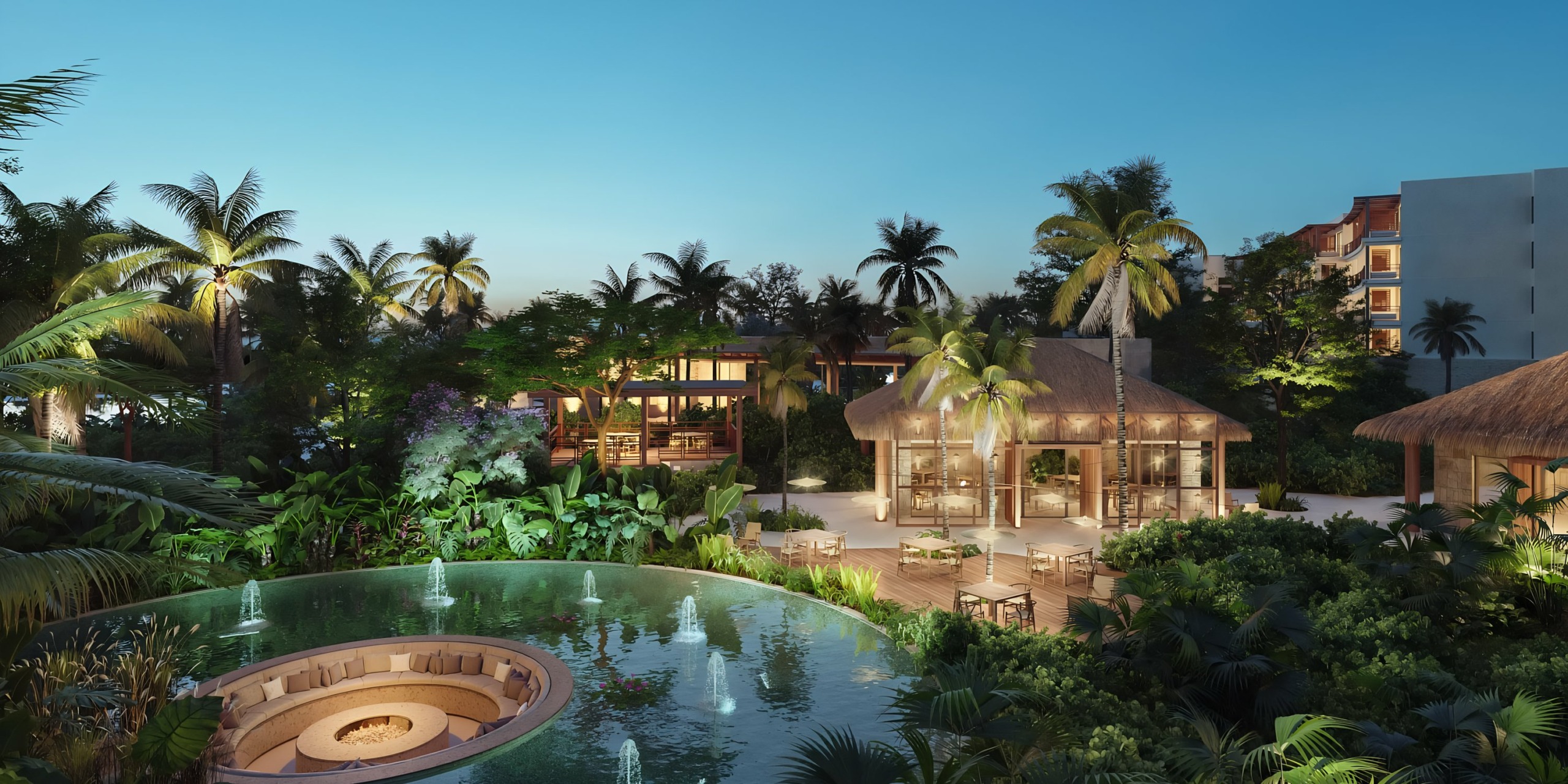 Secrets Playa Blanca Costa Mujeres resort with a pool and thatched-roof structures at twilight.