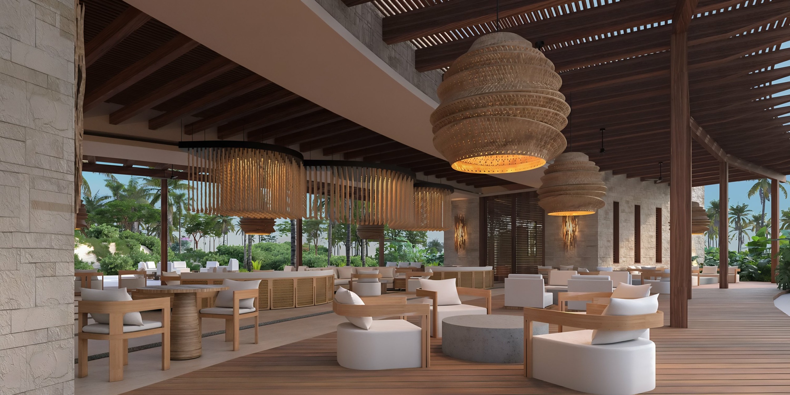 Open-air Secrets Playa Blanca Costa Mujeres resort restaurant with modern furnishings and wicker pendant lighting.