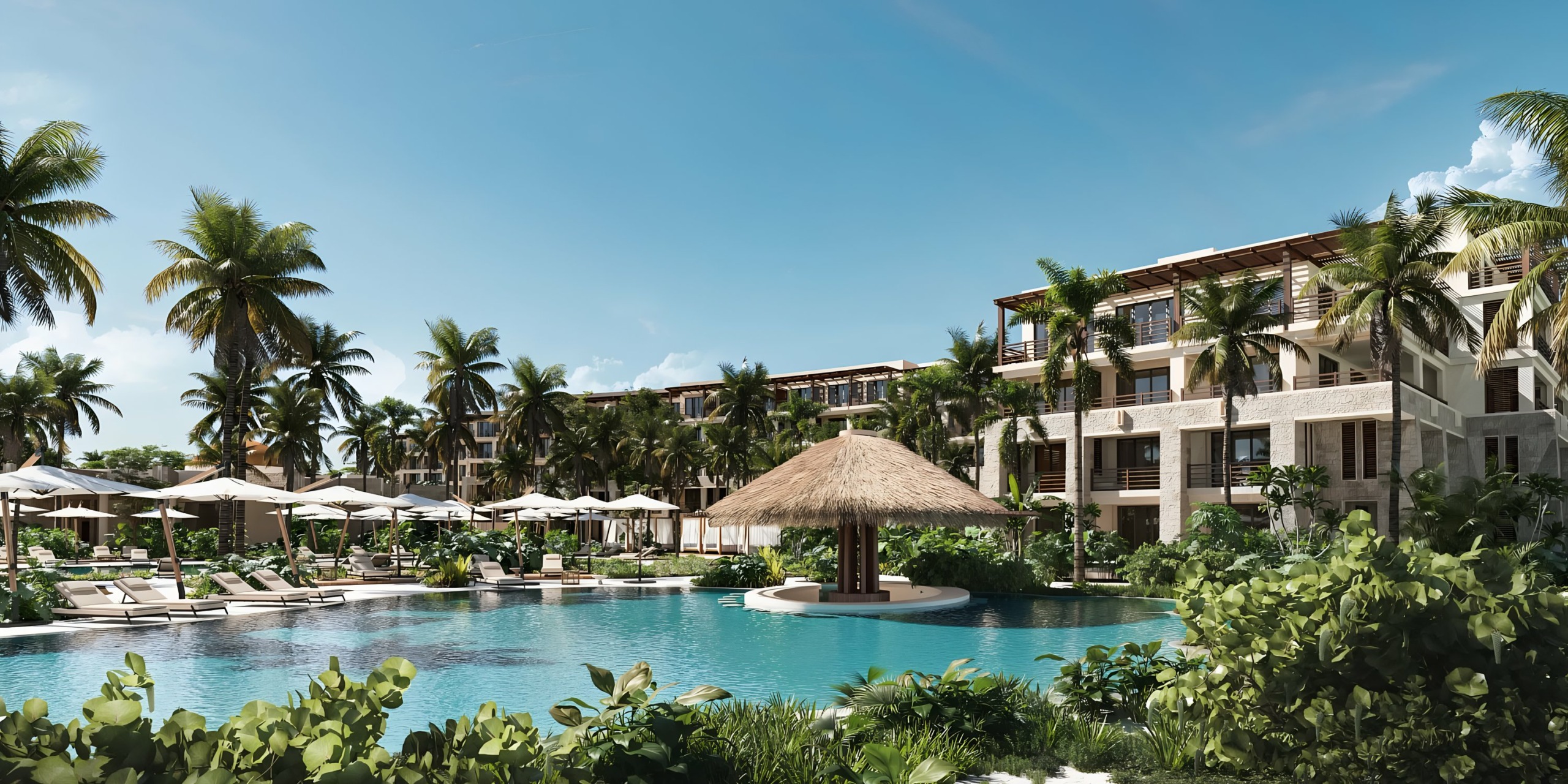Secrets Playa Blanca Costa Mujeres with swimming pool and palm trees.