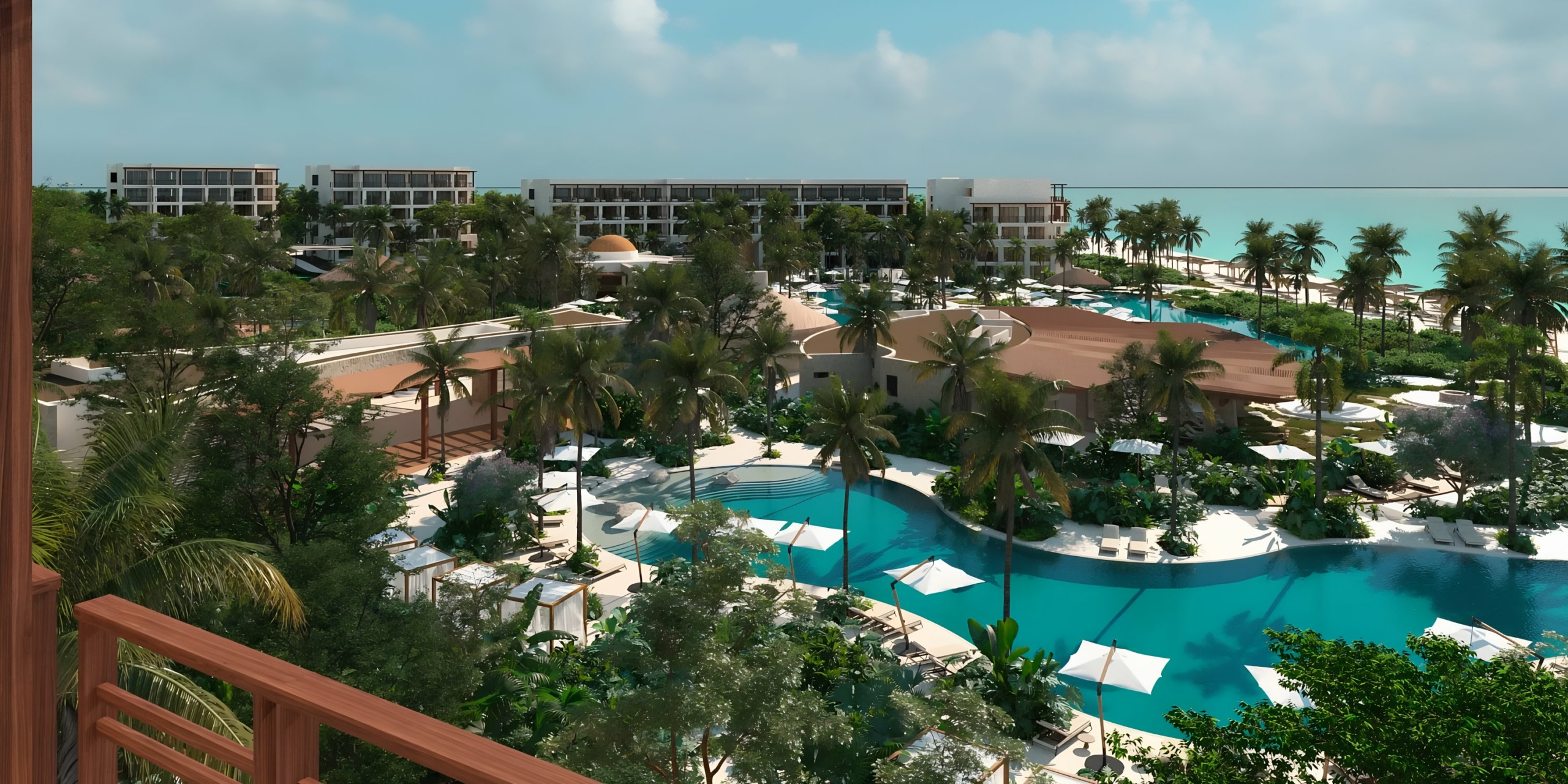 Secrets Playa Blanca Costa Mujeres with swimming pools and palm trees.