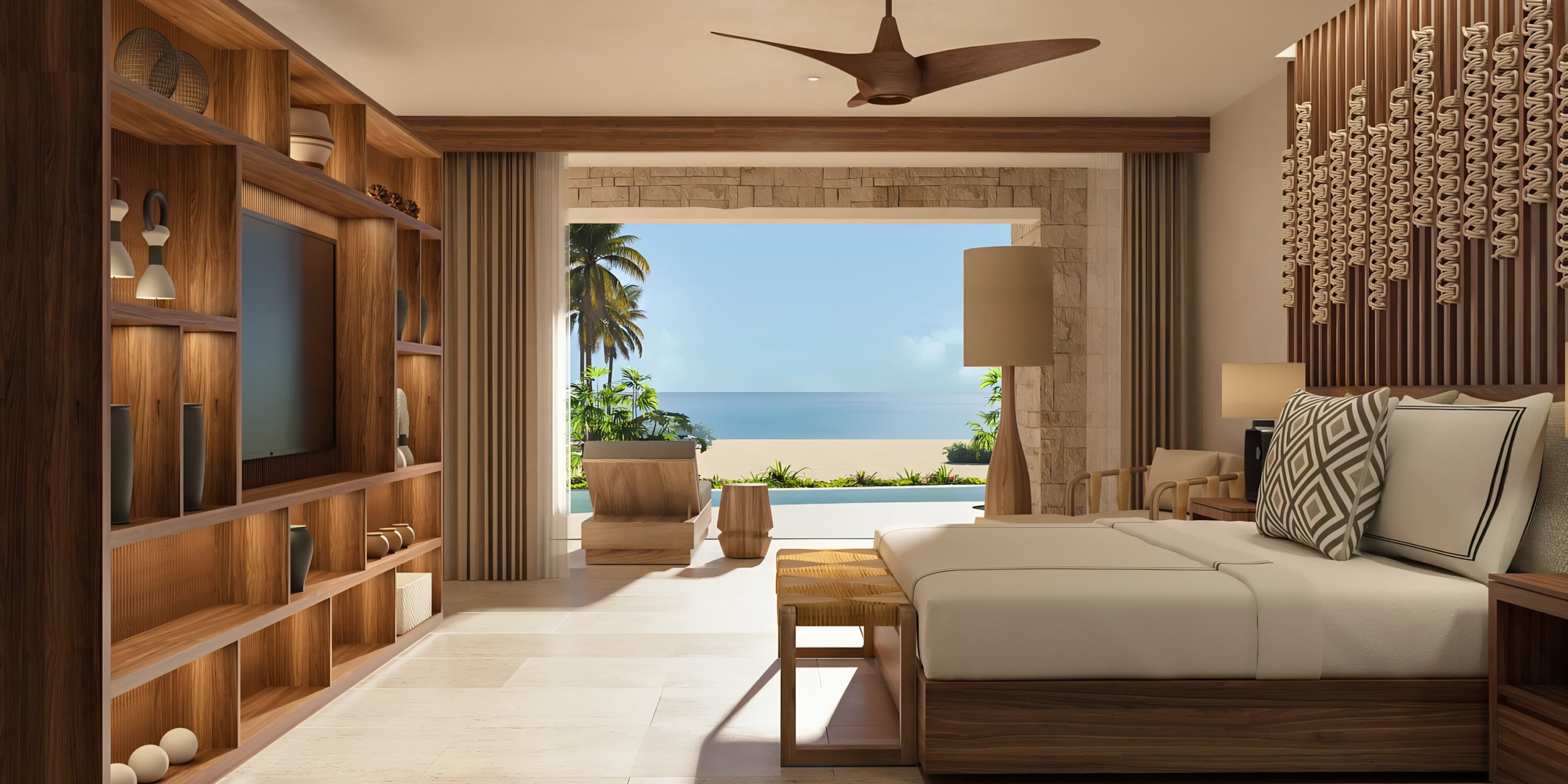 Luxurious Secrets Playa Blanca Costa Mujeres bedroom with an ocean view, featuring modern furniture and natural decor elements.