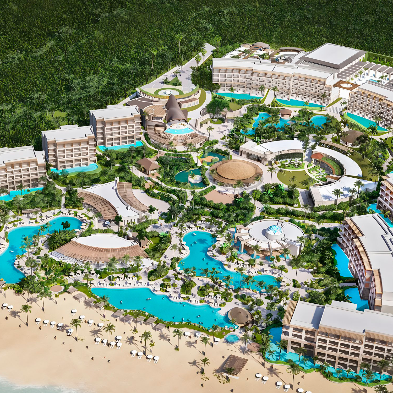 Aerial view of Secrets Playa Blanca Costa Mujeres, a luxurious beachfront resort with multiple swimming pools and lush green surroundings.
