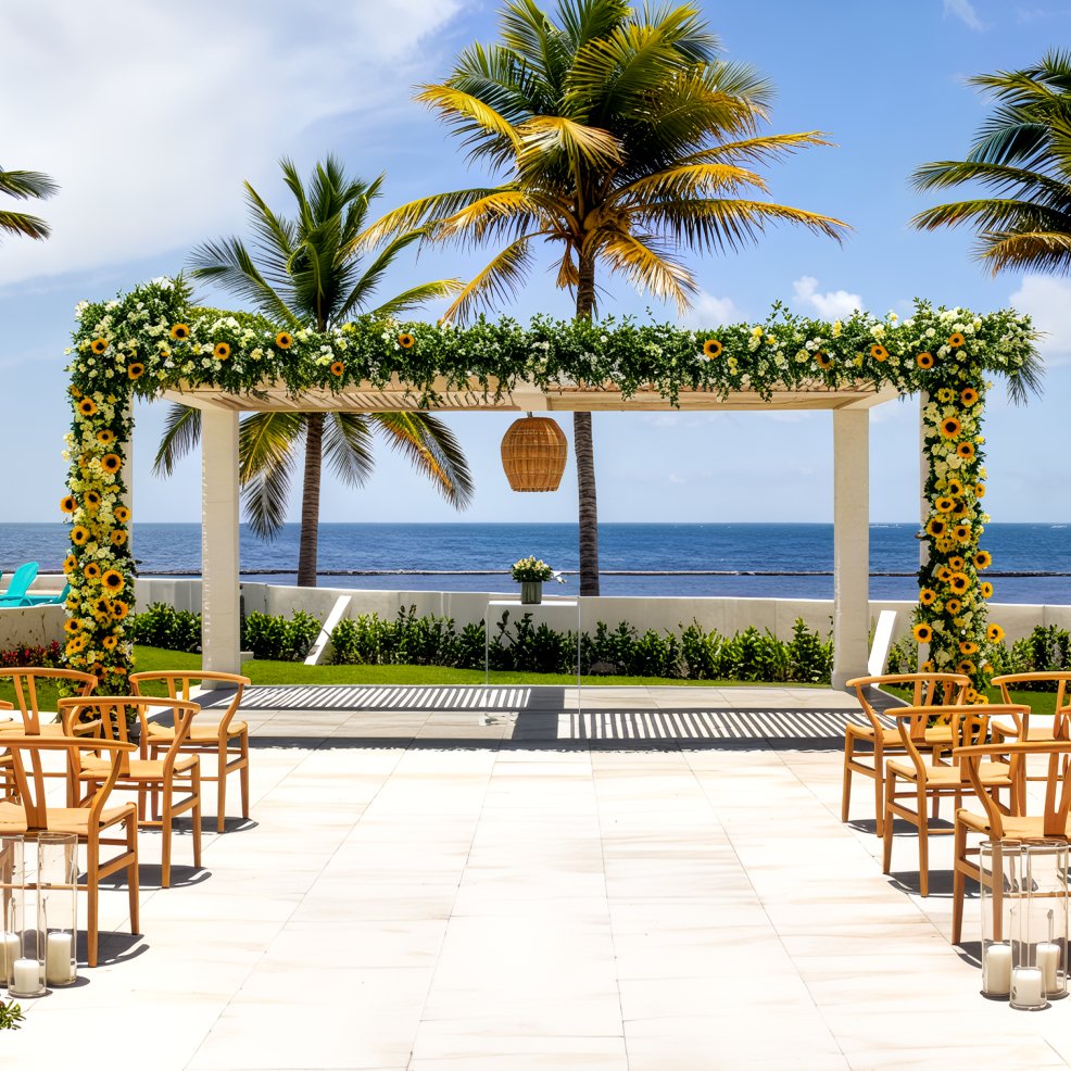 Destination wedding arrangement featuring a floral arch, arranged chairs, and breathtaking ocean views.