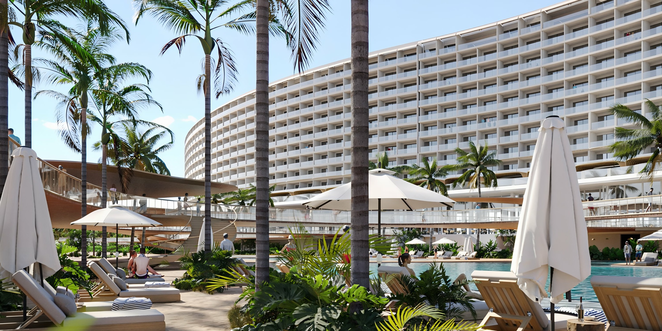 AVA Resort Cancun poolside area with sun loungers, umbrellas, and palm trees.