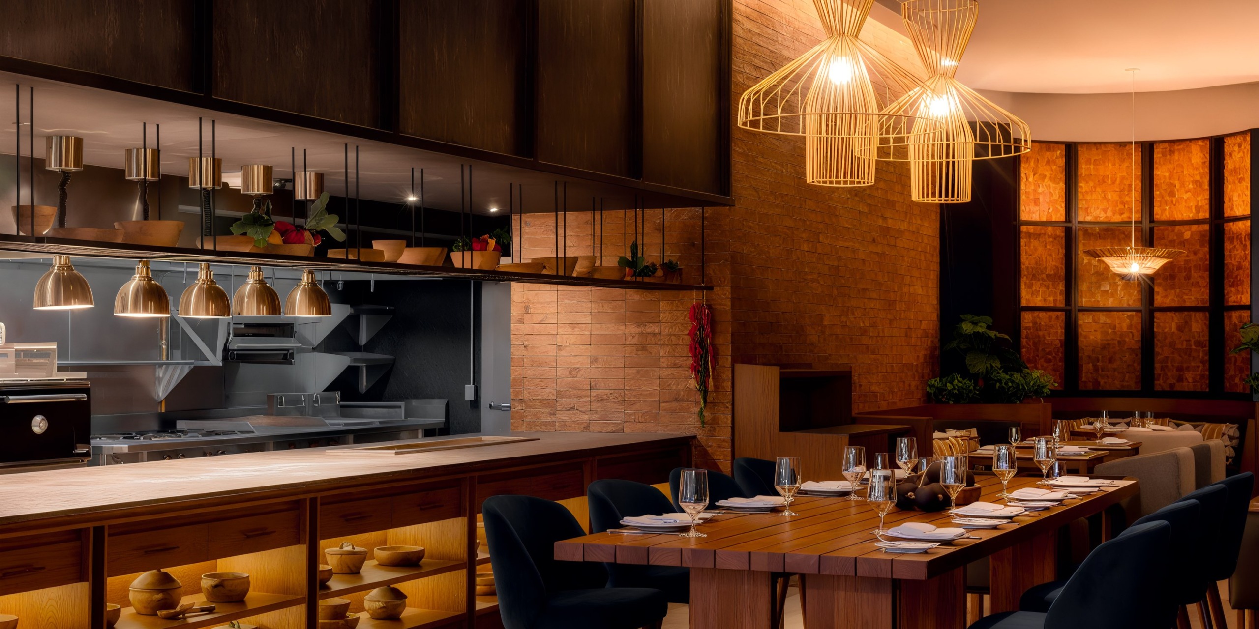 The AVA Resort Cancun features a contemporary restaurant interior with an open kitchen, wooden furniture, and warm lighting. The tables are elegantly set for dining, with decorative lights suspended overhead.