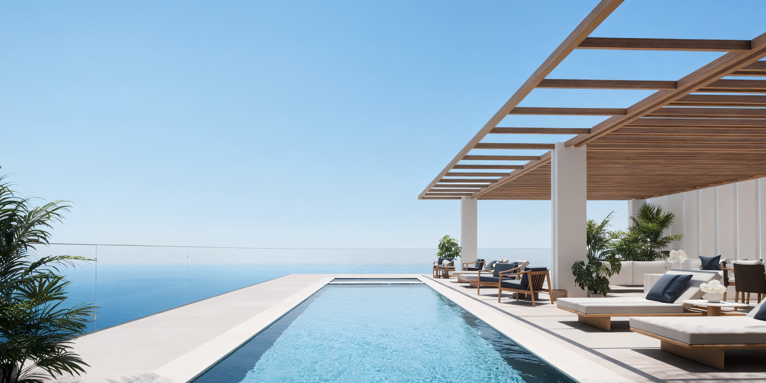 Enjoy the infinity pool at AVA Resort Cancun, complete with a wooden deck and lounge chairs, offering stunning views of the clear blue ocean beneath a cloudless sky.