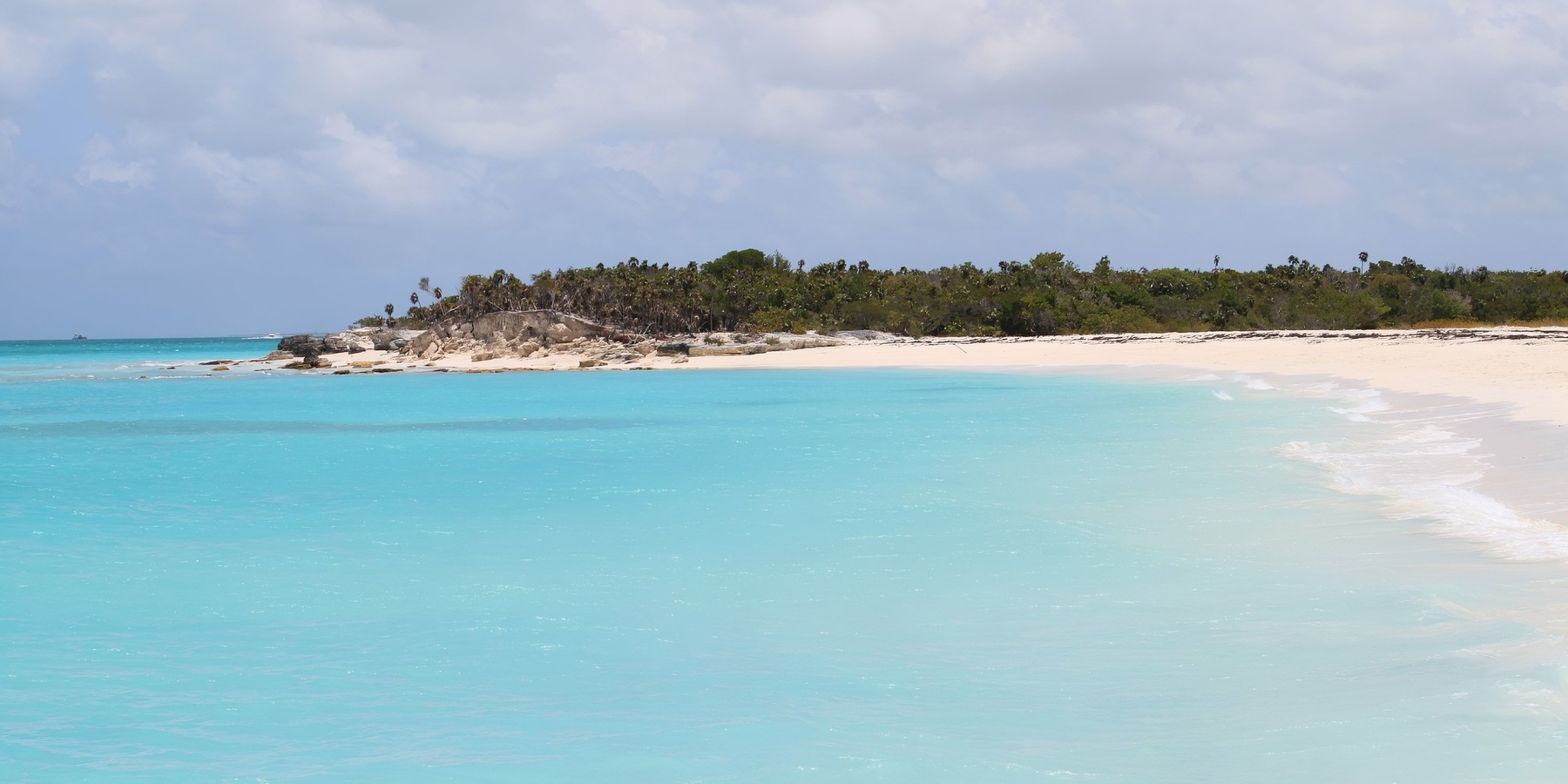 Tropical beach with clear turquoise water, white sand shoreline, and a rocky outcrop covered in palm trees.