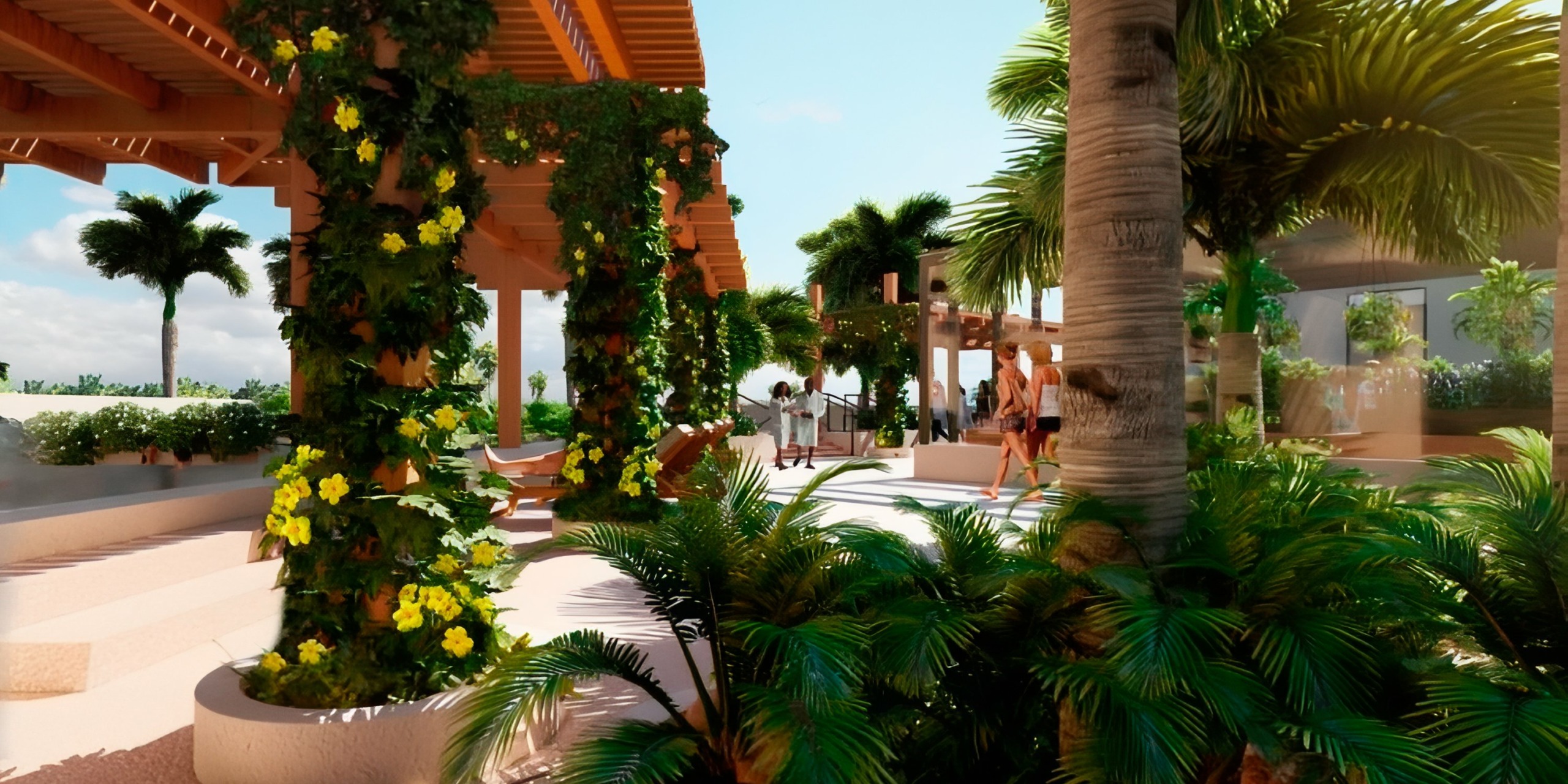 Outdoor terrace with palm trees, flowering vines, wooden pergolas, and lounge chairs under a blue sky at Dreams Estrella del Mar Mazatlan. Several people are walking and sitting in the background.