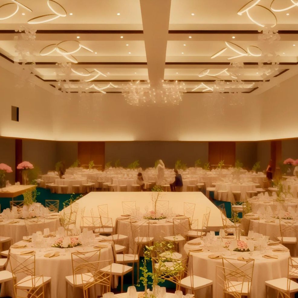A large, elegant banquet hall with round tables set for an event. Tables are decorated with white tablecloths, crystal glassware, and floral centerpieces. Soft lighting enhances the ambiance.